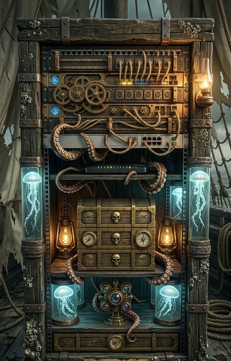 The Black Pearl, reimagined as a steampunk data-coffer — AI-generated visualization of the head office network stack