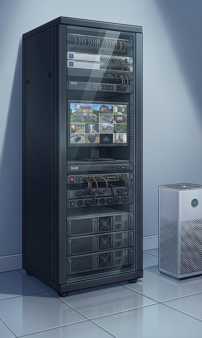 Del Sol Valley IT cabinet — AI-generated artistic interpretation of the smart villa network rack
