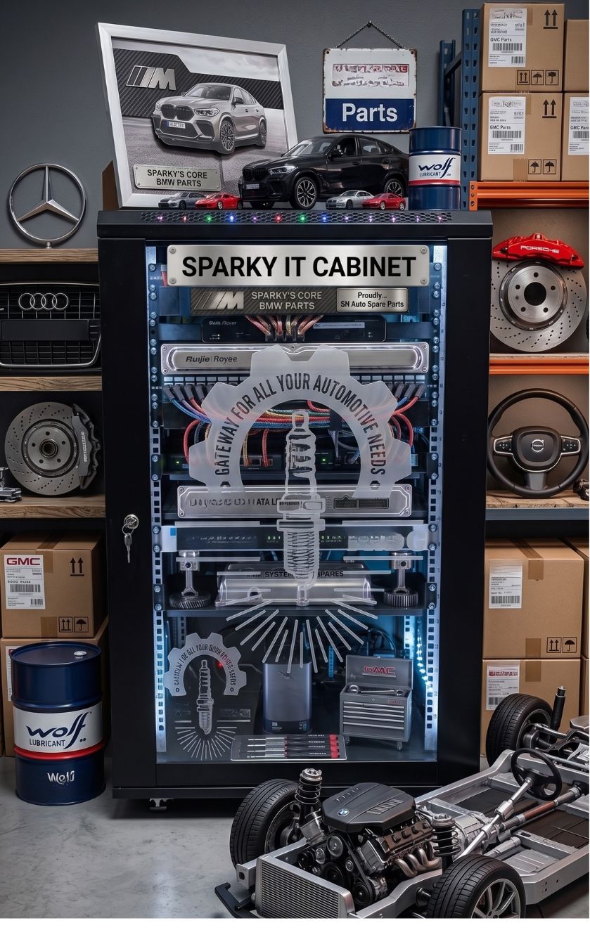 SPARKY IT Cabinet — AI-generated artistic interpretation of the trading premises Ruijie/Reyee network rack